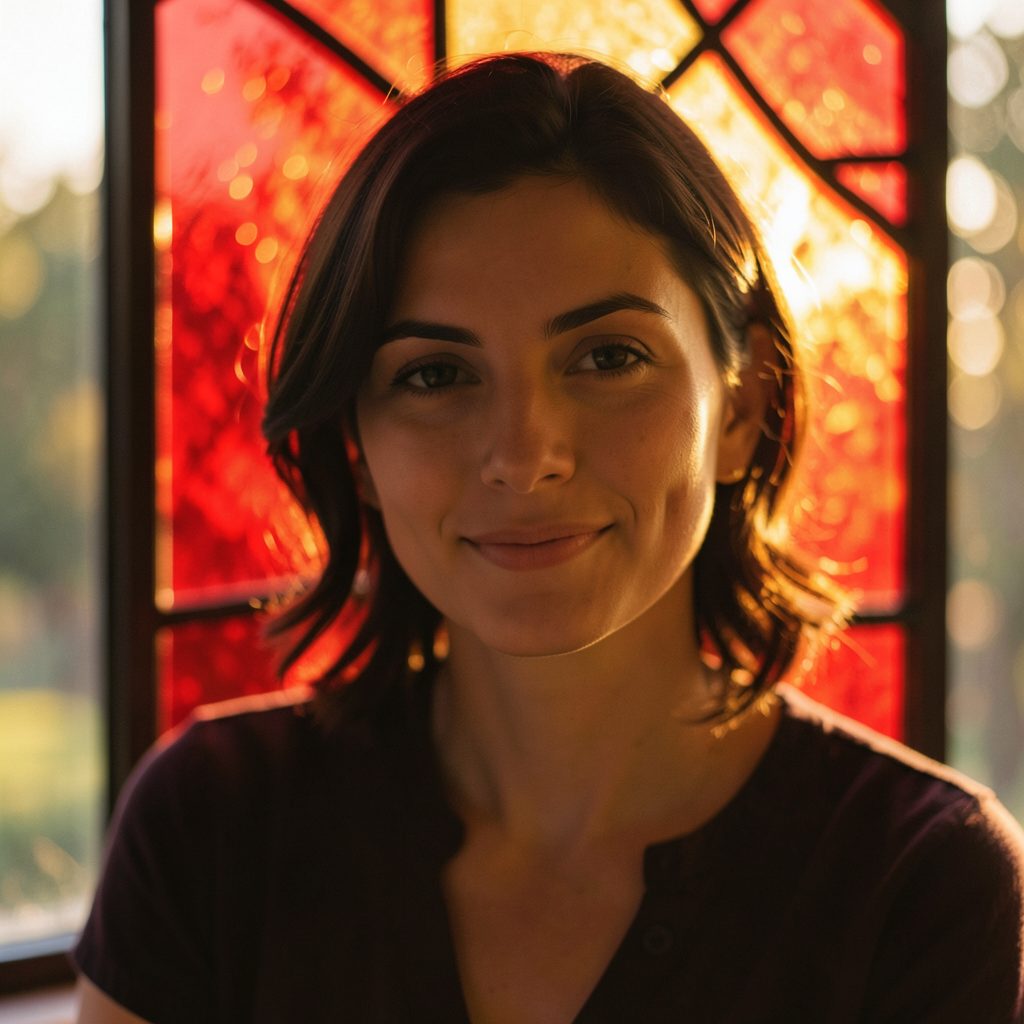 A warm, softly lit portrait photograph with natural golden-hour tones, featuring gentle bokeh and an intimate, relaxed mood.