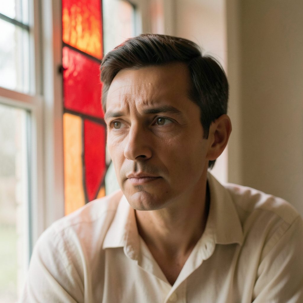 An intimate indoor portrait with diffused window light, neutral cream and beige palette.